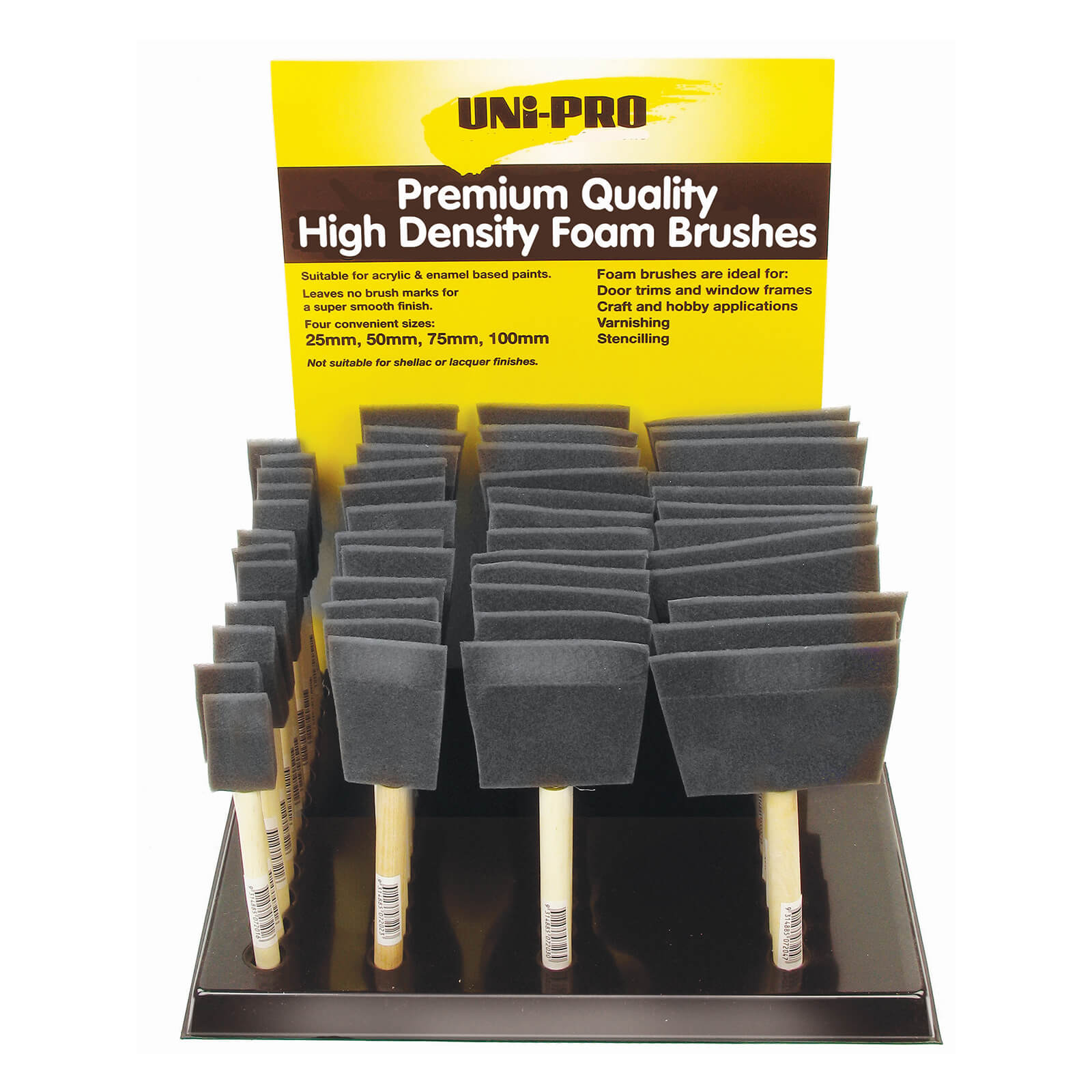 UNi-PRO High Density Foam Brush Display Box With 12 Of Each Size - Unipro